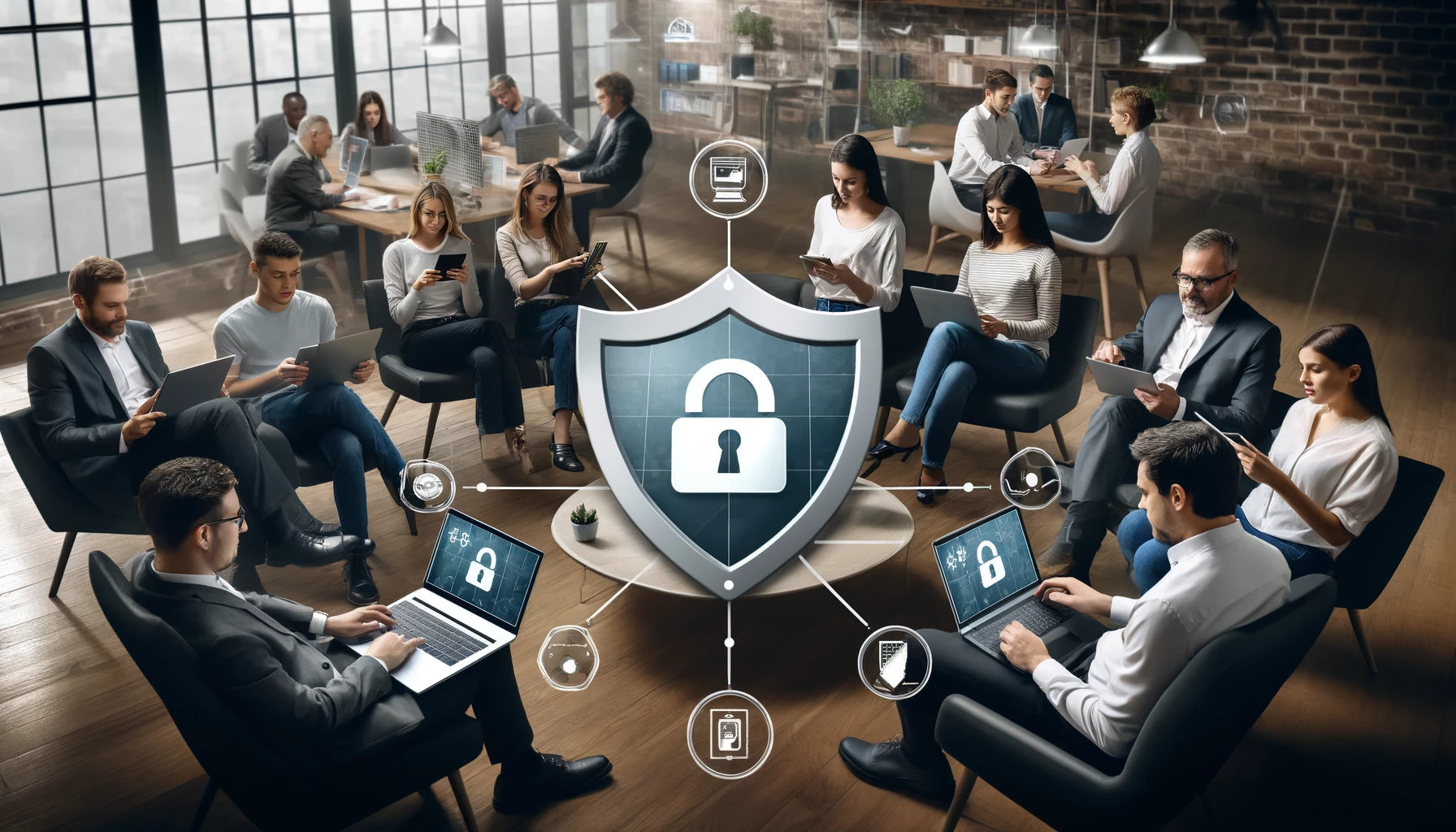 Modern office setting with a diverse group of people using laptops and smartphones, each device displaying a cybersecurity shield symbol, representing comprehensive protection by Acronis Cyber Protect.