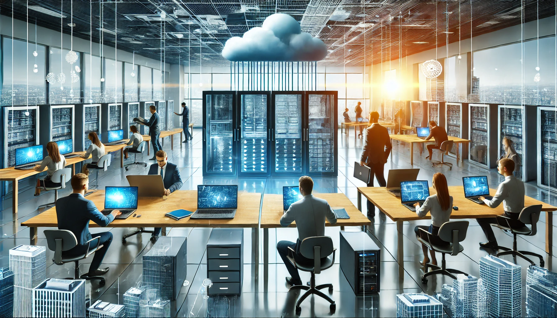 A realistic image showing a team working on IT infrastructure modernization, including cloud migration and cybersecurity enhancement, in a modern office environment.